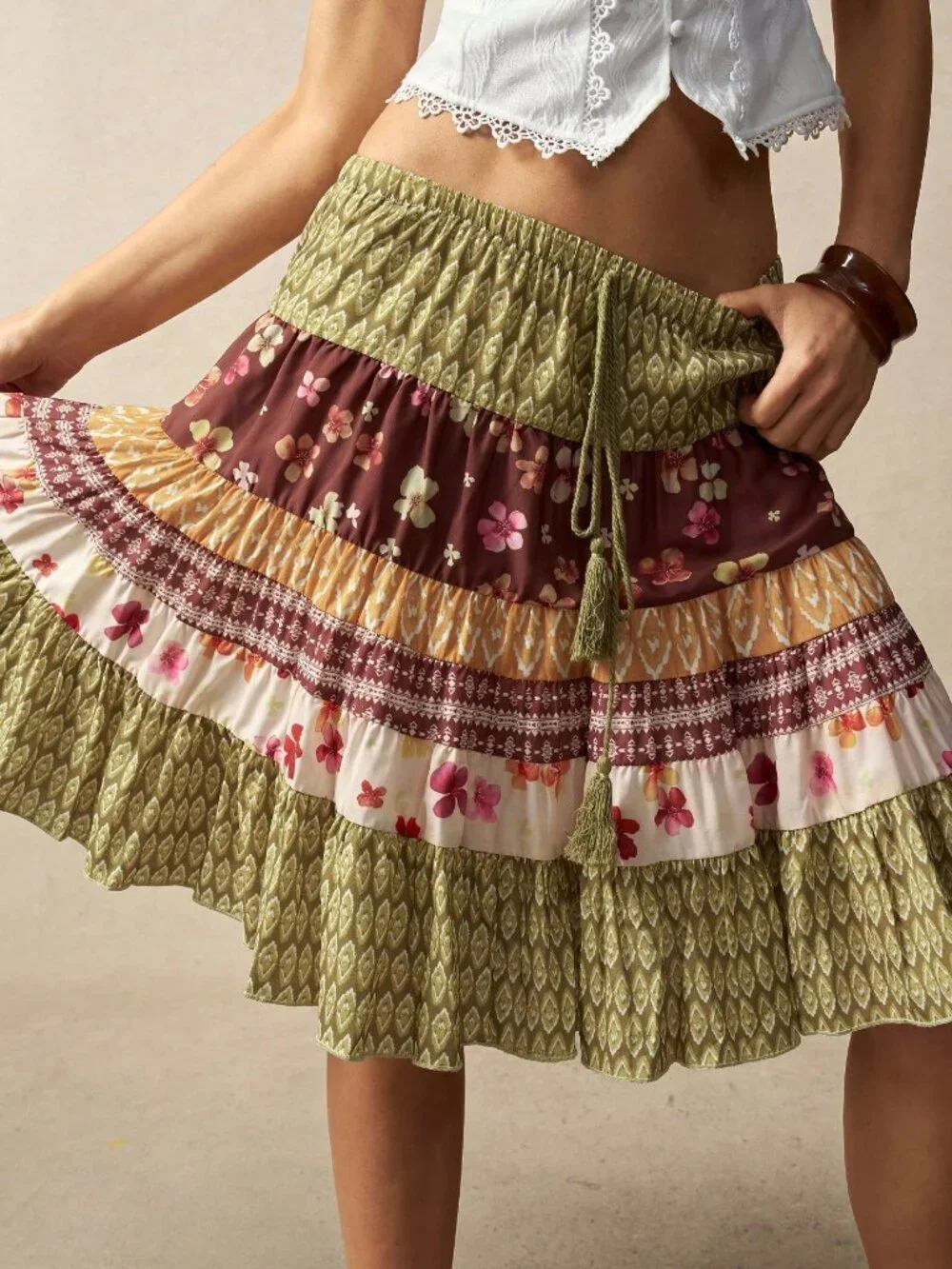 Multicolor Boho Women's Floral Low Waist A-Line Tiered Midi Skirt